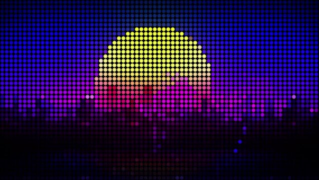 abstract retro cyberpunk stylized many small dots pattern animation with big sun. Sunset moving right with city downtown silhouette