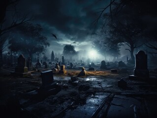 cinematic scene of a spooky graveyard by night. horror halloween theme.