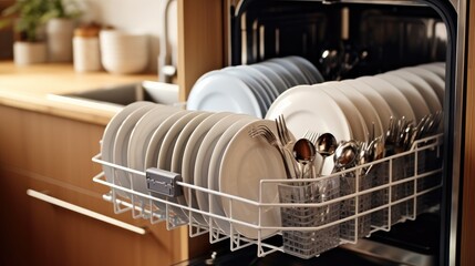 Dishwasher with clean dishes in the interior of the kitchen of the apartment.
