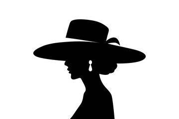 Vector Silhouette Portrait of a Woman in a Hat. Black and White Illustration of a Beautiful Girl, Vintage Cutout Style, Design Template for Logo, Banner, Tattoo etc