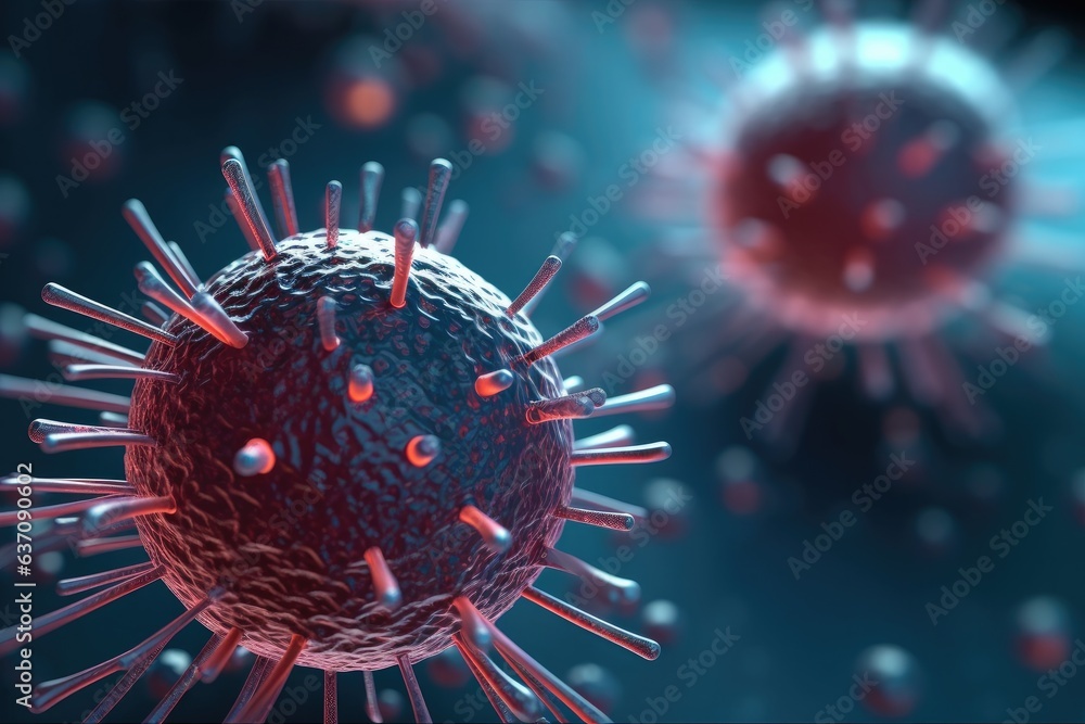 Poster Closeup of viral particle and microscopic view of floating while experimenting for immunity against diseases on abstract background