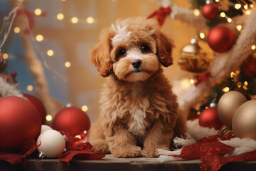 cute puppy among Christmas decorations and gifts. new year