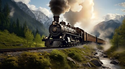  a steam engine train traveling through a lush green forest covered hillside.  generative ai