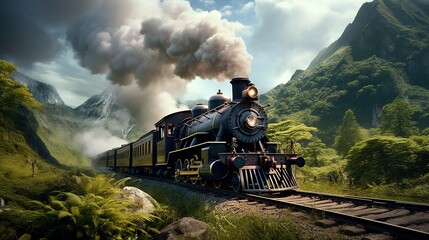 Obraz premium a steam engine train traveling through a lush green forest covered hillside. generative ai
