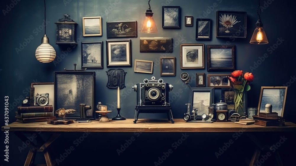 Poster a table with a bunch of pictures and a camera on it. generative ai