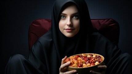 Muslim woman in cinema with popcorn. entertainment for a girl representative of a radical religion in a hijab