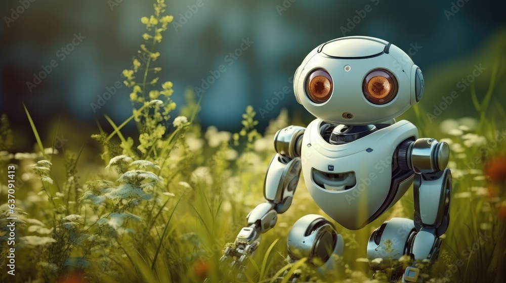 Poster white eco friendly robot with lush grass in the background.