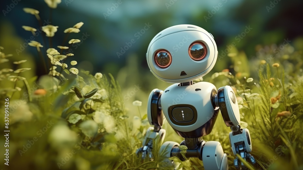 Poster white eco friendly robot with lush grass in the background.