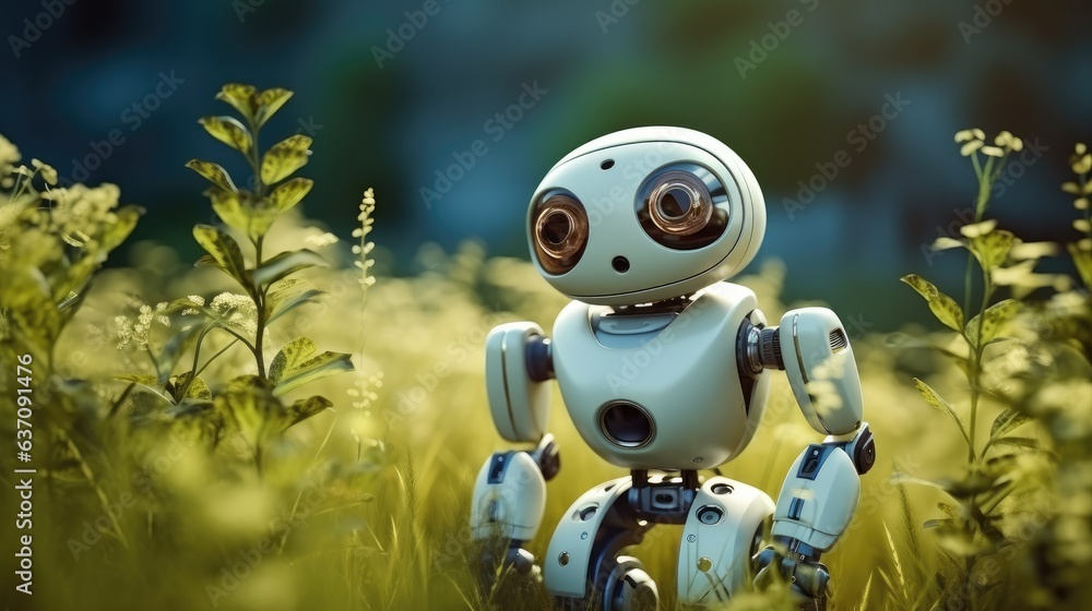 Poster white eco friendly robot with lush grass in the background.