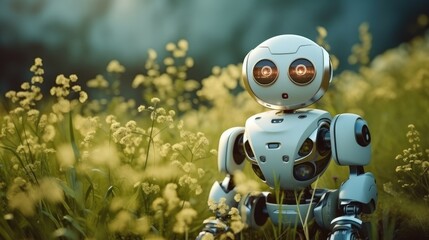 White eco friendly robot with lush grass in the background.