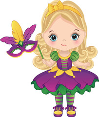 Vector Cartoon Mardi Gras Girl with Feather Mask