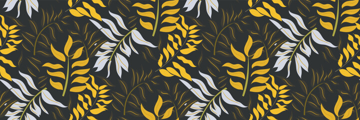 Seamless tropical yellow leaves wallpaper pattern on dark (black) background. Floral contrasting background for scarf print, textile, covers, surface, scrapbooking ,
interior design . Vector 