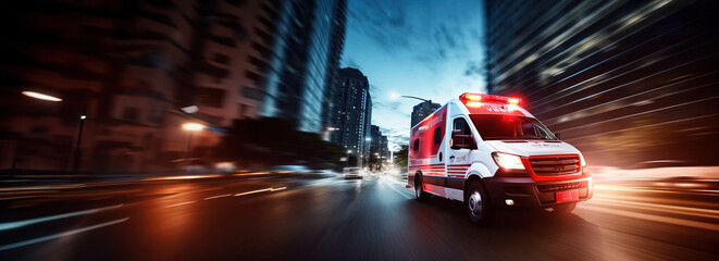 Ambulance driving at high speed with motion blur, copy space. Created using Generative AI technology.