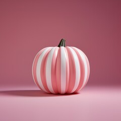 Pink and white striped Halloween pumpkin against pastel pink background. Minimal trendy colored autumn decoration concept.