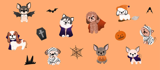 Spooky Paws' Set: Cute Halloween dogs in vector. Diverse breeds don Halloween charm. Perfect for creative projects!