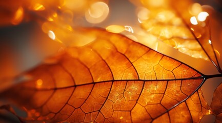 Macro of a textured dry orange autumn leaf with water drops. Close-up of fall detail with sun shining through. Minimal bokeh concept.