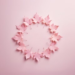 Pink autumn maple leafs arranged in a circle against pale pastel pink background. Minimal monochromatic wreath card idea.