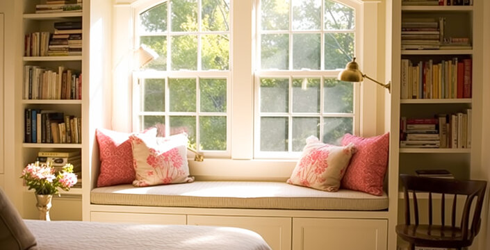 Window seat, interior design and comfort at home, reading nook with bookshelves and cushions, home decor in a country house, English cottage style, generative ai