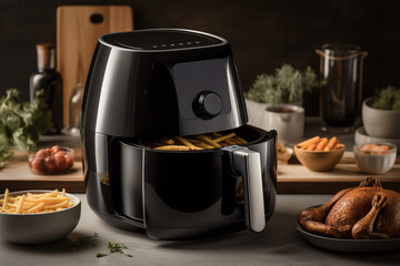 Air fryer kitchen tool with french fries surrounded by food.
