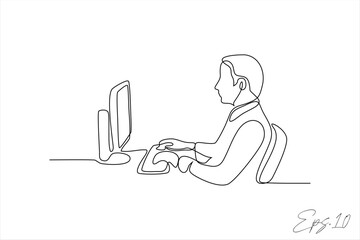 continuous line vector illustration of man working in front of computer