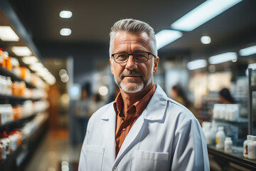 portrait of middle age man pharmacist in white robe in pharmacy
