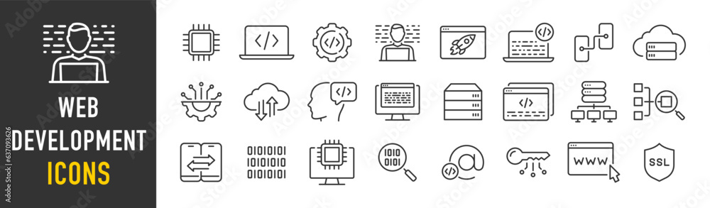 Poster web development web icons in line style. programming, code, mobile app, developer, management, seo, 