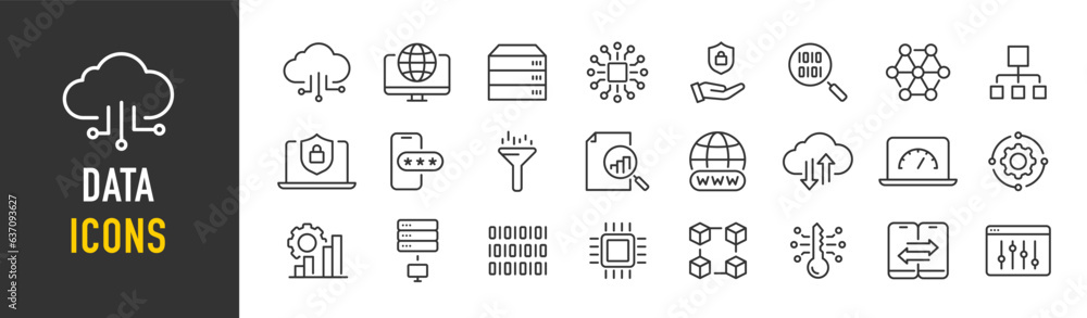 Poster data web icons in line style. statistics, analysis, database, server, processing, data, collection. 