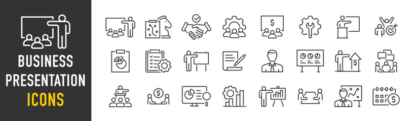 Business presentation web icons in line style. Meeting, conference, business people, audience, briefing, plan, collection. Vector illustration.