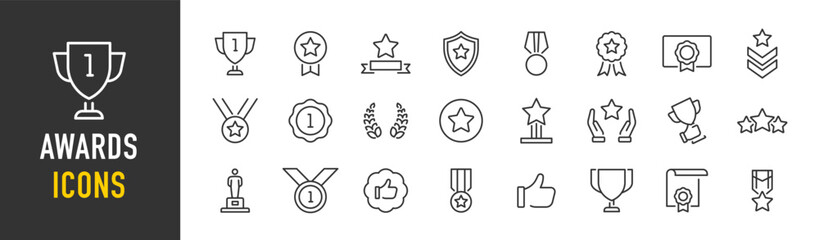 Awards web icons in line style. Winner, medal, trophy, server, reward, certificate, collection. Vector illustration.