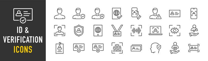 ID and Verification web icons in line style. Passport, biometric, tools, driving license, face id, code, finger, collection. Vector illustration. - obrazy, fototapety, plakaty