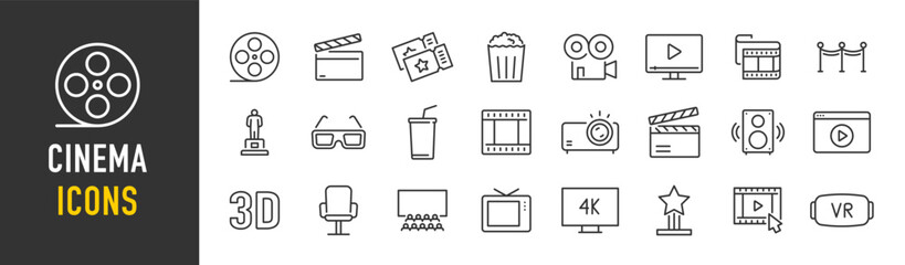 Cinema web icons in line style. Film, popcorn, video, movie theater, 3d, vr, collection. Vector illustration.