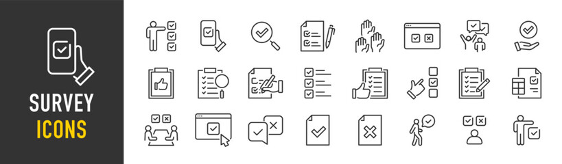 Survey web icons in line style. Opinions, rewiev, feedback, exam, collection. Vector illustration. - obrazy, fototapety, plakaty