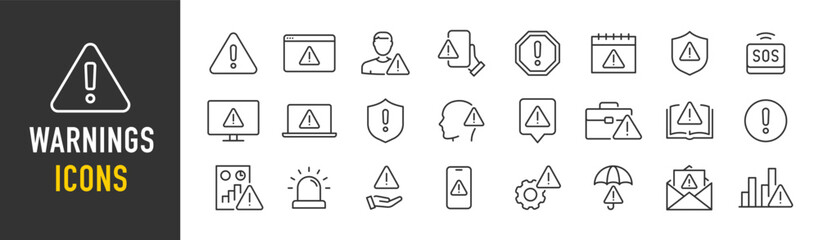 Warnings web icons in line style. Warning sign, alert, stop, notification, security, collection. Vector illustration.