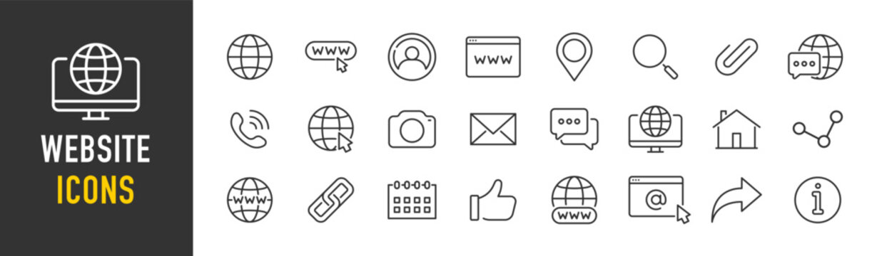 Website web icons in line style. Www, search, support, mail, contact, internet, collection. Vector illustration.