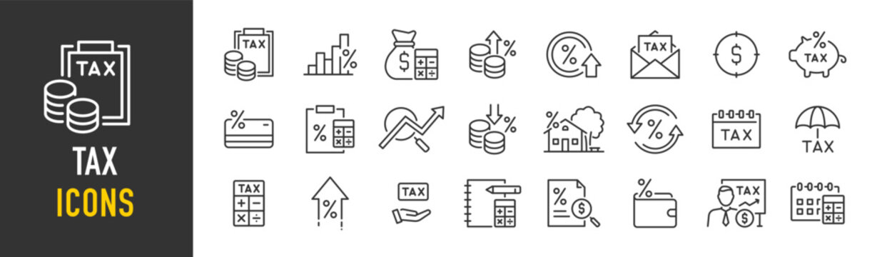 Tax web icons in line style. Pay, duties, interest rate, tax return, vat, tariff, personal tax, collection. Vector illustration.