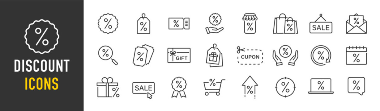 Discount web icons in line style. Sale, cupon, shopping, shop, mega sale, outlet, collection. Vector illustration.