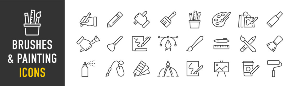 Brushes and Painting web icons in line style. Brush, color palette, bucket, can, collection. Vector illustration.