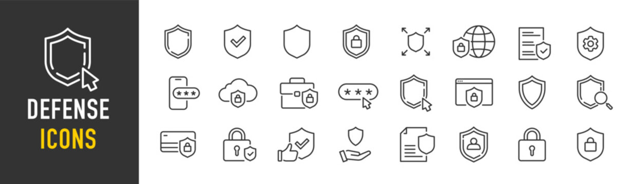 Defense web icons in line style. Security, protection, key, password, code, safe, collection. Vector illustration.