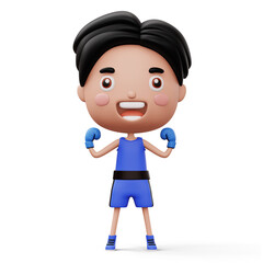Happy child boxer, fighter boy with boxer glove, kid character, 3d rendering