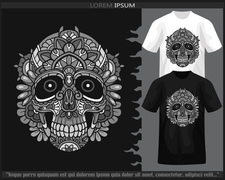 Monochrome Skull head mandala arts isolated on black and white t shirt.