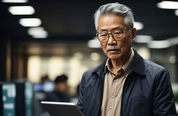 Obraz premium Old asian male professional employee using digital tablet in the office