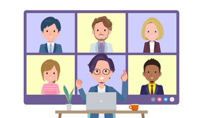 複数人でオンライン会議をしているビジネス男性のセット。正面アングル