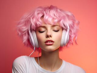 Fototapeta premium A girl with pink hair is listening to music in headphones on a pink background, pink trend