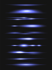 Blue horizontal lens flares set. Laser beams, horizontal light rays. Light flares. Glowing streaks on dark background. 