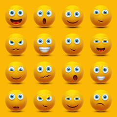Vector set with emoji. Yellow face with emotions. Cartoon character. Different templates of emotions. 3d realistic emoji. Vector illustration on yellow