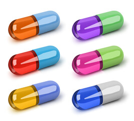 Vector realistic capsules pills with shadows isolated on white background. 3d vector capsules with different colors