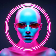 human 3d render, colorful background with abstract shape glowing in ultraviolet spectrum, curvy neon lines. Futuristic energy concept