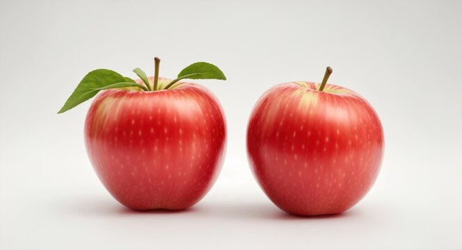 delicious looking Apples with and without leafs in front of white background for vegetable commercials. Generative AI.