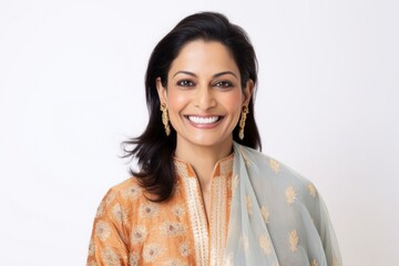 Fototapeta premium Medium shot portrait of an Indian woman in her 40s wearing sherwani against a white background