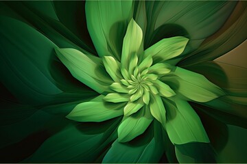 A vibrant green flower with lush leaves